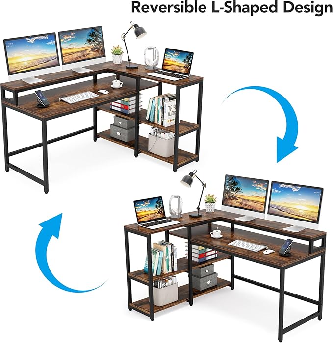 Reversible L Shaped Computer Desk with Storage Shelf, Industrial Corner Desk with Monitor Stand for Home Office - LeafyLoom