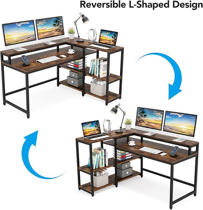 Reversible L Shaped Computer Desk with Storage Shelf, Industrial Corner Desk with Monitor Stand for Home Office - LeafyLoom