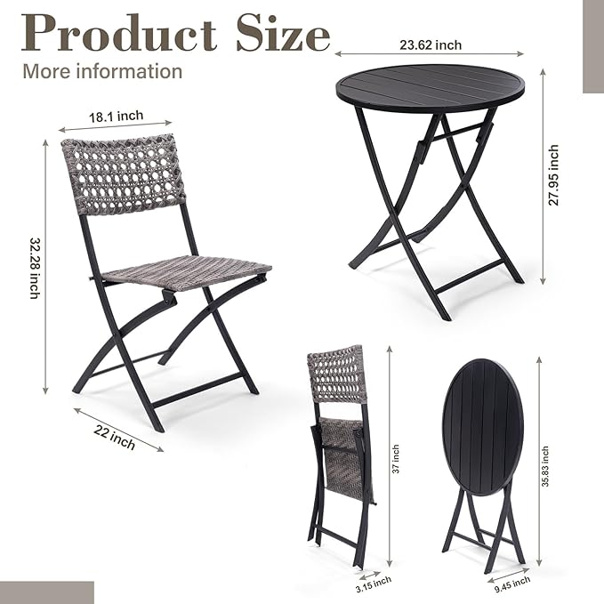 BACKYARD EXPRESSIONS PATIO · HOME · GARDEN 3 Pc 3 Piece Folding Outdoor Bistro, Wicker Furniture Table and Chairs for Garden, Backyard, Porch, Patio Conversation Set, Grey/Black - LeafyLoom