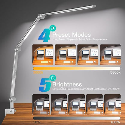 LED Desk Lamp, Desk Light for Home Office, Dual Light Source, Eye-Caring Optical Lens, 5 Color Modes & Brightness, 18W Brightest, Swing Arm Office Lamp, Clamp Lamp, Work Light, Task Light - LeafyLoom