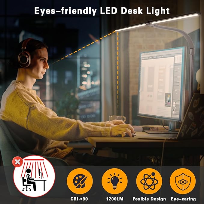 Led Desk Lamp for Office Home - 24W Double Head Architect Desk Light with Clamp & Timer, Eye Caring Folding Table Lamp Gaming Desktop Computer LED Lights Desk Supplies for Workbench Studing Drafting - LeafyLoom