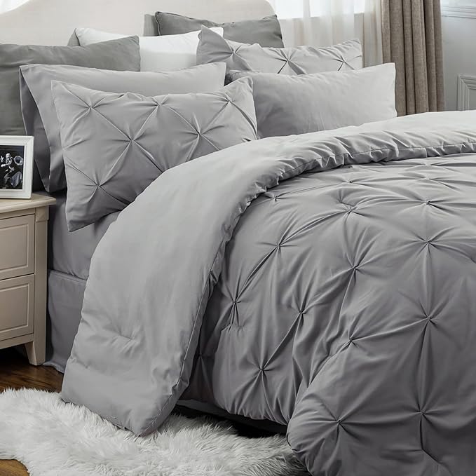 Bedsure Queen Comforter Set - Bed in a Bag Queen 7 Pieces, Pintuck Bedding Sets Grey Bed Set with Comforter, Sheets, Pillowcases & Shams - LeafyLoom