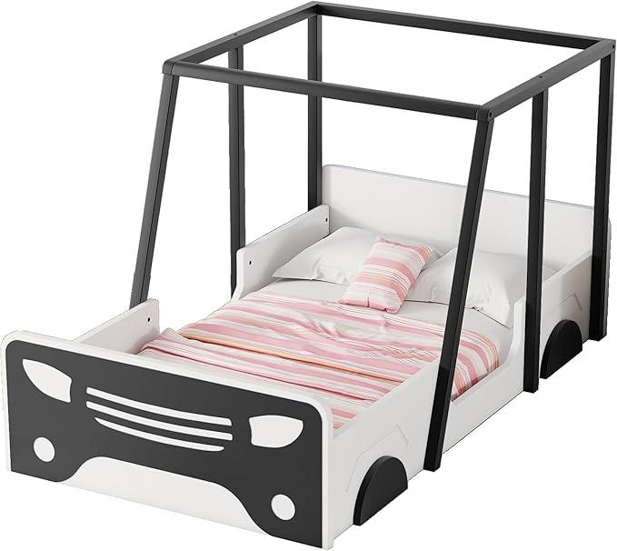 Twin Size Bed Car-Shaped,Twin Montessori Floor Bed Frame Car Bed with Wheels and Door,Solid Wood Twin Car-Shaped Platform Bed for Children, Boys, Girls, Toddler, Without Slats,Black - LeafyLoom