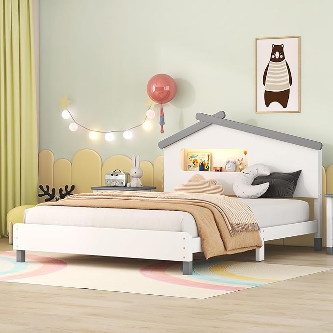 Bellemave Full Size Platform Bed with House-Shaped Headboard and Motion Activated Night Lights,Wood Full Kids Bed Frame for Teens, Girls,Boys(Full,White) - LeafyLoom