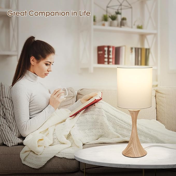 Bedside Touch Lamp, 3 Way Dimmable Touch Control Table Lamp, Wood Grain Farmhouse Table Lamp, Modern Nightstand Lamp with White Shade for Bedroom, Dorm, Office, 3000K LED Bulb Included - LeafyLoom