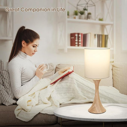 Bedside Touch Lamp, 3 Way Dimmable Touch Control Table Lamp, Wood Grain Farmhouse Table Lamp, Modern Nightstand Lamp with White Shade for Bedroom, Dorm, Office, 3000K LED Bulb Included - LeafyLoom