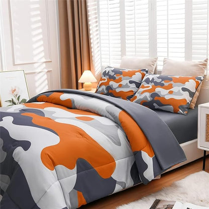 Meeting Story Camouflage Bedding Set, Colorful Pattern Style Comforter Set, 5 PCS One Comforter Two Pillowcases Two Sheets in One Bag, All Season Bedspread for Teens Adults (Orange, Queen 5Pcs) - LeafyLoom