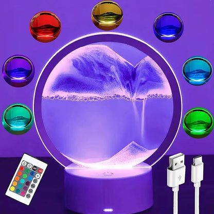 3DMoving Sand Art,360° Rotating Hourglass Decoration table lamp ,7 Color Changing Sand Liquid Motion Desk Lamp,RGB Color Creative Sea Quicksand Moving Sand Art Picture Night Light(Purple with Remote) - LeafyLoom