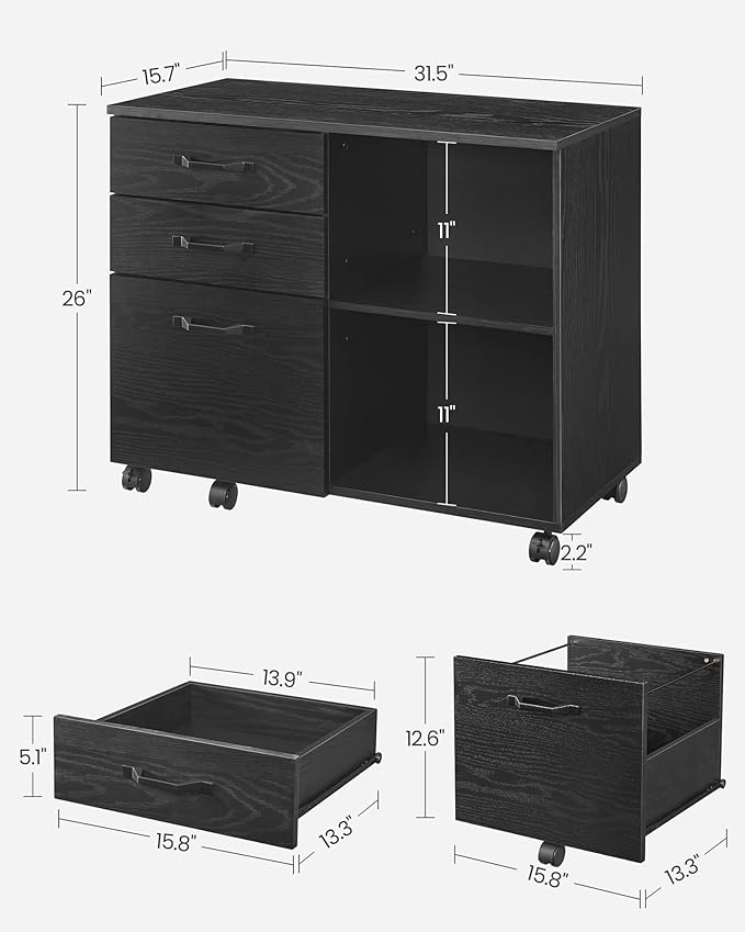 VASAGLE Lateral File Cabinet, Home Office Printer Stand, with 3 Drawers and Open Storage Shelves, for A4, Letter-Size Documents, Black with Wood Grain - LeafyLoom