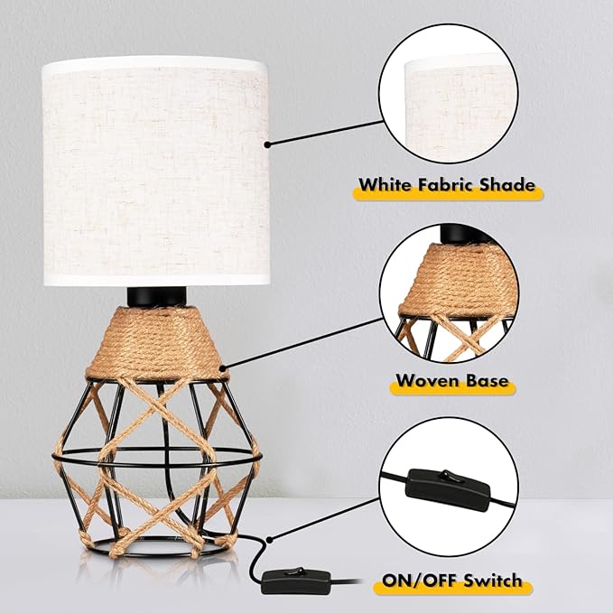 Hamilyeah Boho Table Lamps, Woven Table Lamp for Nightstand with On/Off Switch, Farmhouse Beside Lamp for Bedroom, Industrial Table Lamp for Living Room - LeafyLoom