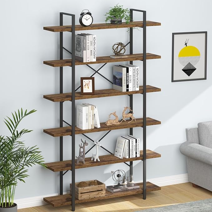 HSH 6 Shelf Tall Bookcase, Industrial Modern Large 6 Tier Bookshelf, Open Wood and Metal Display & Storage Rack,Farmhouse Bookcases and Book Shelves 6 Shelf for Bedroom Living Room Office,Rustic Brown - LeafyLoom