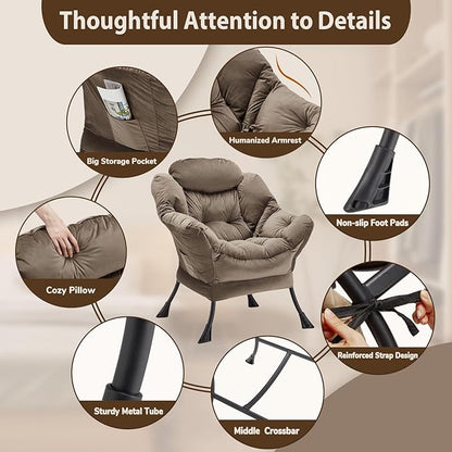 Lazy Chair Thick Padded, Accent Chair Velvet Upholstered with Wide Seat, Stable Metal Frame and Non-Slip Pad, Modern Sofa Armchair with Side Storage Bag for Dorm, Room, Office, Dark Gray - LeafyLoom