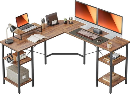 BANTI L Shaped Desk with Shleves, 58 inch Large Corner Desk with Two Storage, Space Saving, Easy to Assemble, Brown - LeafyLoom