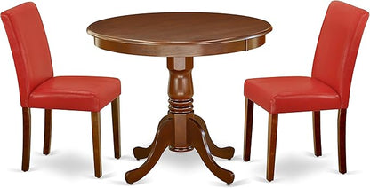 East West Furniture ANAB3-MAH-72 3 Piece Dinette Set for Small Spaces Contains a Round Kitchen Table with Pedestal and 2 Firebrick Red Faux Leather Parsons Chairs, 36x36 Inch - LeafyLoom