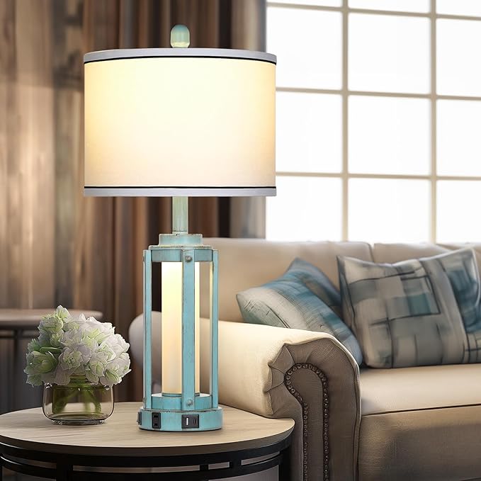 Farmhouse Lamps Set of 2, 26" Vintage Rustic Industrial Beside Lamps with USB A+C Charging Ports & AC Outlet, Nightstand Metal Lamp with LED Night Light & Fabric Shade for Living Room Bedrooms Blue - LeafyLoom