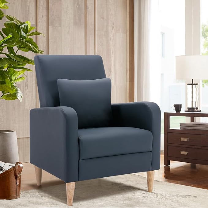 COLAMY Modern Upholstered Accent Chair Armchair with Pillow, PU Leather Reading Living Room Side Chair,Single Sofa with Wood Legs, L-Blue - LeafyLoom