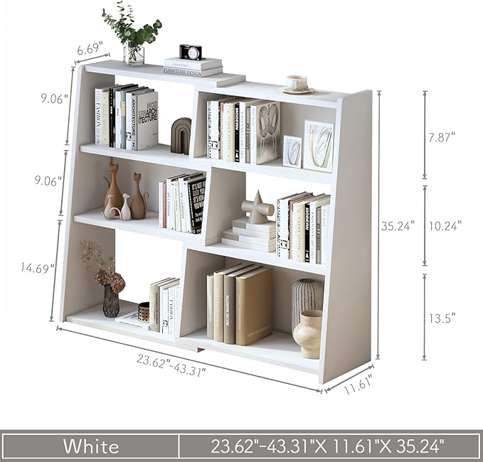 IOTXY Wooden Extendable Shelf Bookcase - 3-Tier Ladder Low Short Bookshelf for Small Space or Corner, White, S - LeafyLoom