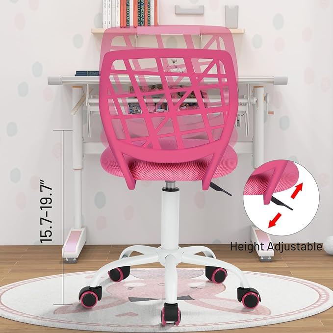 FurnitureR Kids Desk Chair, Armless Small Office Chair Adjsutable Swivel Task Chair with Soft Cushion for Study Kids Teens Child, Pink - LeafyLoom