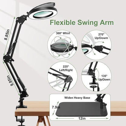 Magnifying Glass with Light, 3-in-1 Magnifying Desk Lamp 10X LED Magnifying Lamp with Heavy Base & Clamp, 5 Color Modes Stepless Dimmable, Magnifier Light for Soldering Craft Workbench - LeafyLoom