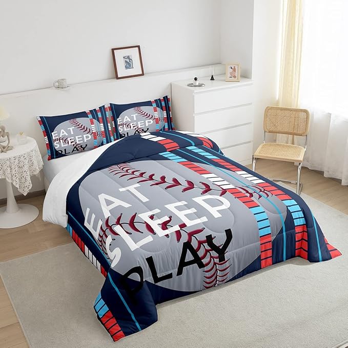 Feelyou Baseball Comforter Set Sports Game Bedding Set for Boys Girls Baseball Gaming Blue Stripe Comforter Gift for Baseball Softball Lover Room Decor Queen Size Quilt Boys - LeafyLoom