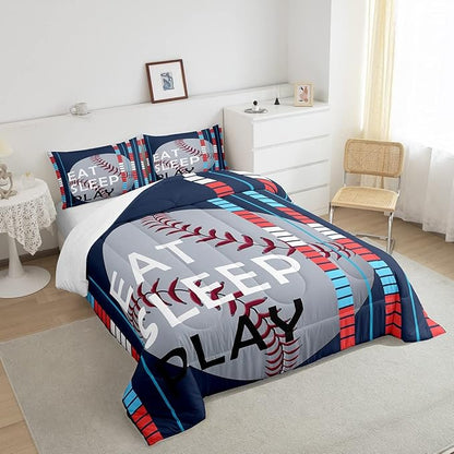 Feelyou Baseball Comforter Set Sports Game Bedding Set for Boys Girls Baseball Gaming Blue Stripe Comforter Gift for Baseball Softball Lover Room Decor Queen Size Quilt Boys - LeafyLoom