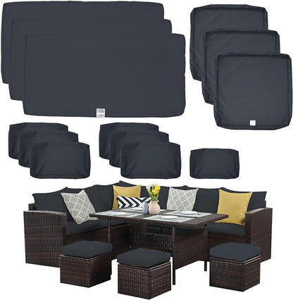 ClawsCover 13Pack Outdoor Seat and Back Cushions Replacement Covers Fit for 7Pieces Wicker Rattan Patio Furniture Set Sectional Couch with Dining Table and Ottoman,Dark Gray-Include Cover Only - LeafyLoom