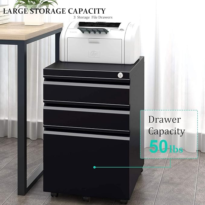 3-Drawer Mobile File Cabinets Rolling Metal Filing Cabinet for Legal & Letter File Anti-tilt Design with Lock Under Desk Office Drawers Fully Assembled Except Casters Black - LeafyLoom