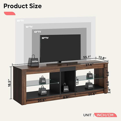 Bestier 55 Inch TV Stand with LED light, Adjustable Glass Shelves, 22 Dynamic RGB Colors, P2 Particle Board, for Entertainment Center, Living Room, Gaming Room, and Bedroom, Dark Walnut - LeafyLoom