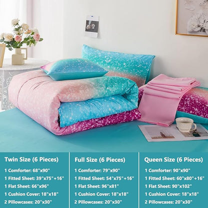 PERFEMET Queen Comforter Set with Sheets, 6 Pieces Tie Dye Rainbow Girls Bedding Set, Gradient Glitter Colorful Ombre Bed in A Bag (Aqua Teal Purple, Queen) - LeafyLoom