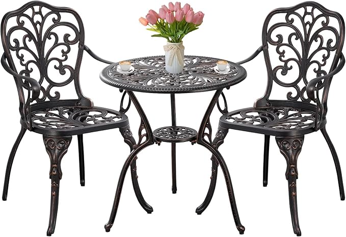 Bistro Set 3 Piece Outdoor Bistro Table and Chair Set of 2 Cast Aluminum Patio Furniture with Umbrella Hole,Patio Bistro Table Sets for Garden,Yard(Brown) - LeafyLoom