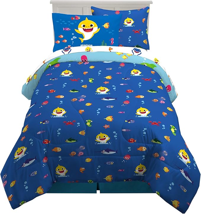 Franco Kids Bedding Super Soft Comforter and Sheet Set with Sham, 5 Piece Twin Size, Baby Shark - LeafyLoom