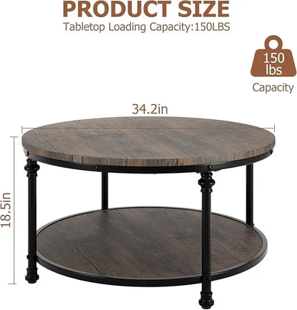 GAOMON Round Coffee Table Living Room 34.25in Rustic Circle Center Table with Storage Shelf 2-Tier Modern Wood Coffee Table Metal Frame, Easy Assembly(Light Walnut) - LeafyLoom