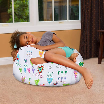 Posh Creations Bean Bag Chair for Kids, Teens, and Adults Includes Removable and Machine Washable Cover, Canvas Multi-Colored Hearts on White, 27in - Medium - LeafyLoom