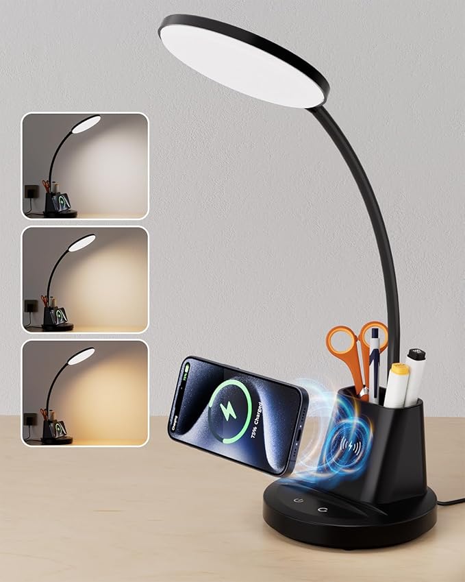 hansang LED Desk Lamp for Home Office with Wireless Charger, 3 Color Modes, Stepless Dimmable, Touch Control Black Study Lamp with Pen Holder for College Dorm Room, CRI 90, 800 Lumen, Adapter Included - LeafyLoom