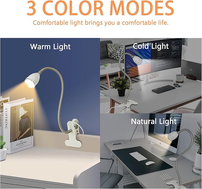 Desk lamp Eye-Caring Table Lamps, 360°Rotation Gooseneck Clip on Lamp Reading Light, Portable Reading Book Light, Clamp Light, Study Desk Lamps for Bedroom and Office Home Lighting (White-C01) - LeafyLoom