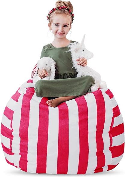 Creative QT Stuff ’n Sit Large 33’’ Bean Bag Storage Cover for Stuffed Animals & Toys – Hot Pink & White Stripe – Toddler & Kids’ Rooms Organizer – Beanbag Makes Great Plush Toy Hammock Alternative - LeafyLoom