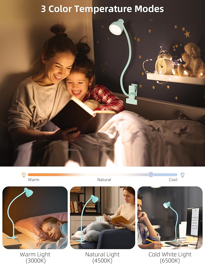 Clip on Reading Light for Bed 3 Color Modes, 10 Brightness Dimmable, Flexible Gooseneck Clip on Lamp, Eye Care Clip Light for Bed Headboard Desk Home Dorm, Teal - LeafyLoom