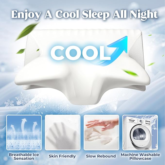 Cervical Pillow for Neck Pain Relief, Cooling Contour Memory Foam Pillows Support Odorless Ergonomic Neck Pillow Adjustable Orthopedic Bed Pillow for Side Back Stomach Sleeper with Pillowcase - LeafyLoom