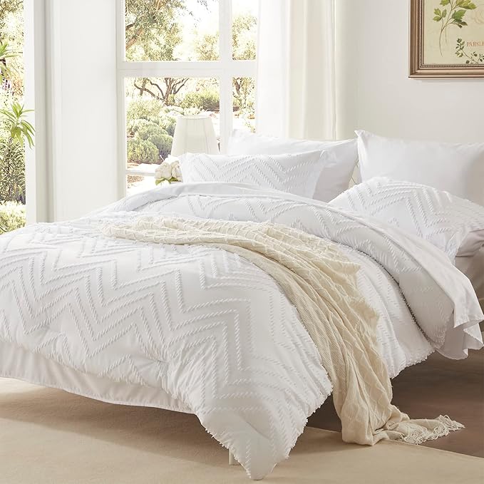 Anluoer Full Comforter Set, White Tufted Bed in a Bag 7 Pieces with comforters and sheets, All Season Bedding Sets with 1 Comforter, 2 PillowShams, 2 Pillowcases, 1 Flat Sheet, 1 Fitted Sheet - LeafyLoom