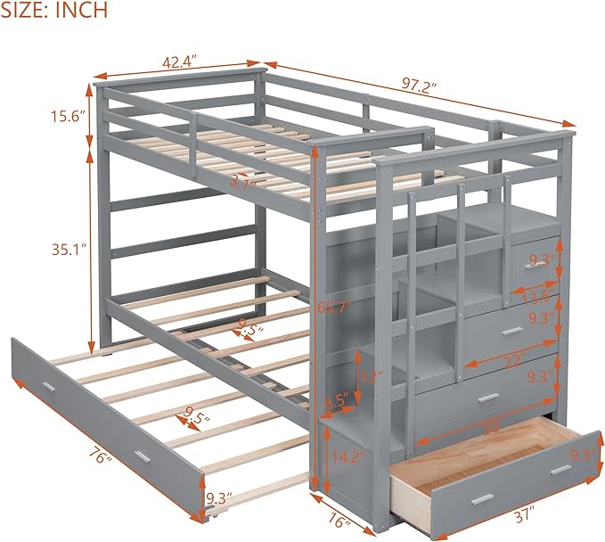 Twin Over Twin Bunk Bed with Stairs, 4 Storage Drawers and Trundle, Wooden Bunkbeds with Staircase and Full-Length Guardrails, for Kids/Teens Bedroom, Gray - LeafyLoom