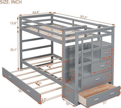 Twin Over Twin Bunk Bed with Stairs, 4 Storage Drawers and Trundle, Wooden Bunkbeds with Staircase and Full-Length Guardrails, for Kids/Teens Bedroom, Gray - LeafyLoom