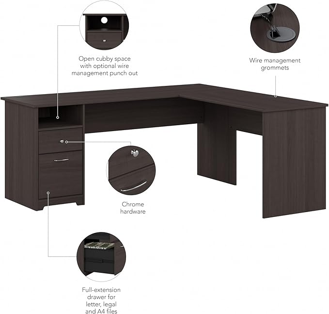 Bush Furniture L Shaped Desk with Drawers for Executive and Home Office | Cabot Collection Corner Table with Storage and Chrome Hardware | 72Wx23DX42W Return - LeafyLoom