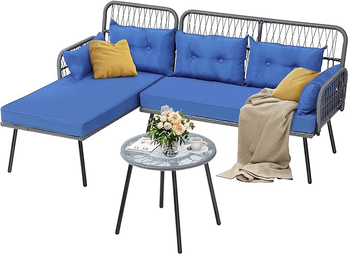 YITAHOME Patio Furniture L-Shaped Coversation Sectional Outdoor Sofa Set for Backyard, Porch with Thick Cushions Detachable Lounger, Side Table (Gray+Navy Blue) - LeafyLoom