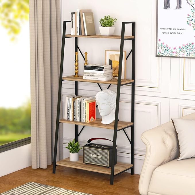 BON AUGURE Farmhouse Ladder Shelf Bookcase, 4 Tier Rustic Ladder Bookshelf, Standing Leaning Book Shelves for Living Room (Vintage Oak) - LeafyLoom