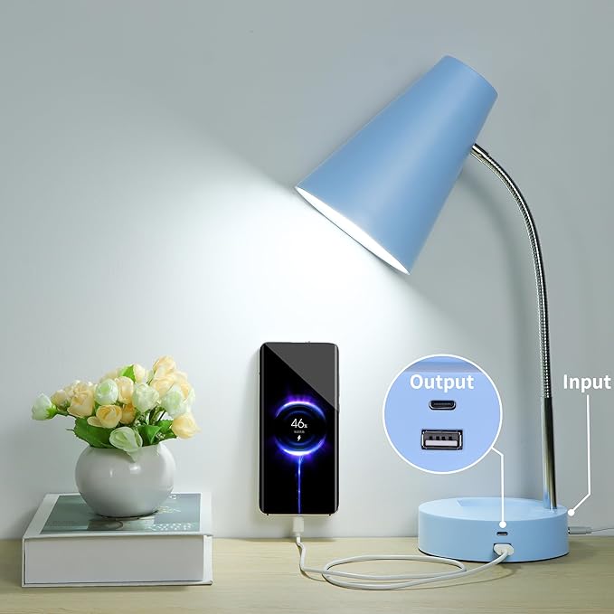 RUNTOP Metal Desk Lamp, Eye-Caring Table Lamp, Study Lamps with Flexible Goose Neck for Bedroom and Office, Desk lamp with USB, 5 Color Temperatures, 5 Brightness Levels (Blue) - LeafyLoom