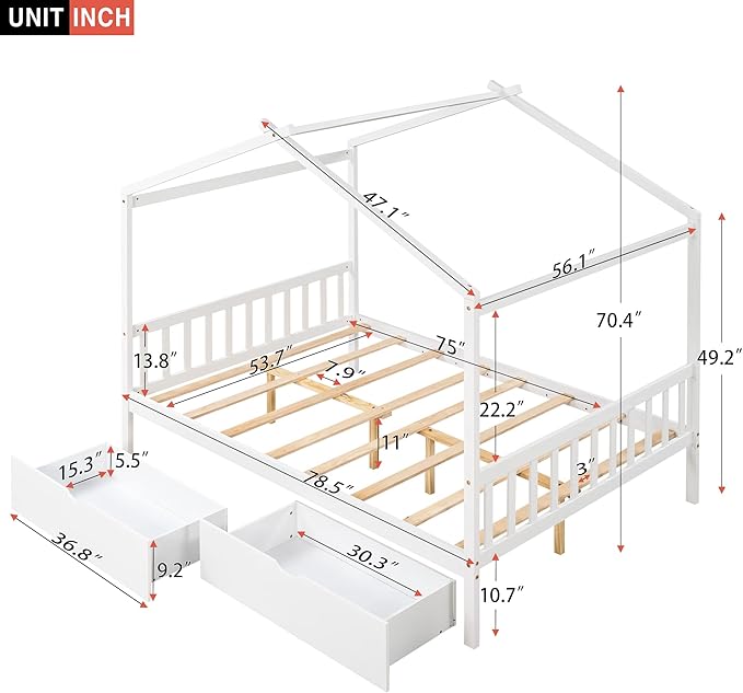 Full Size Bed Frame with Headboard and Footboard, Low House Bed/Full Bed Frame with Storage Drawer, Wood Bed Frame for Kids, Girls, Boys (White Drawer, Full) - LeafyLoom