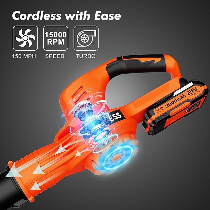 Leaf Blower Cordless - 21V Electric Cordless Leaf Blower with 2 Batteries and Charger, 2 Speed Mode, 2.0Ah Lightweight Battery Powered Leaf Blowers for Lawn Care, Patio, Blowing Leaves - LeafyLoom