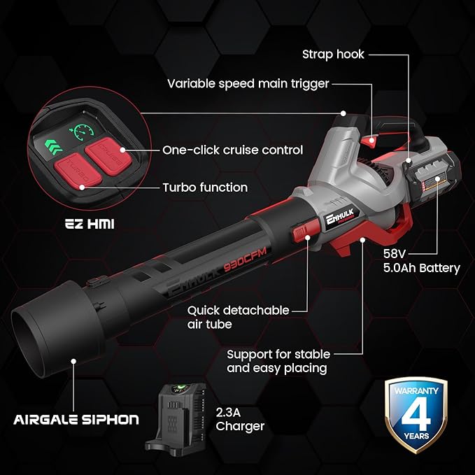 58V 930CFM Cordless Leaf Blower with 5.0AH Battery & Charger (LBL1493J) - LeafyLoom