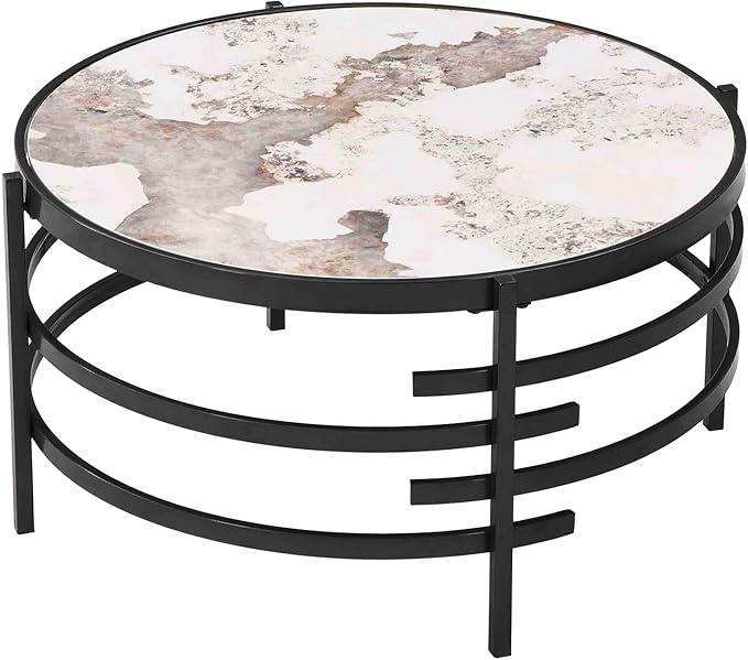 Round Coffee Table Coffee Tables for Living Room Sintered Stone Marble Top Sturdy Metal Frame (Grey, 31.50 inches) - LeafyLoom