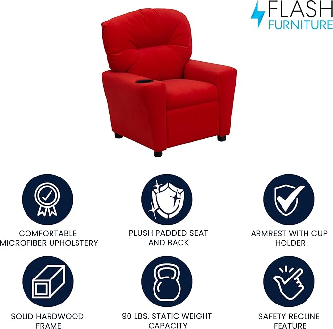 Flash Furniture Chandler Microfiber Kids Recliner with Cup Holder and Safety Recline, Contemporary Reclining Chair for Kids, Supports up to 90 lbs., Red - LeafyLoom